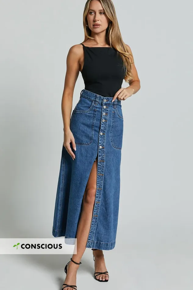 Alisa Midi Skirt 8211 Button Through A Line Denim Skirt In Dark Blue Wash Women Showpo Denim Alisa Midi Skirt 8211 Button Through A Line Denim Skirt In Dark Blue Wash Women Showpo Denim
