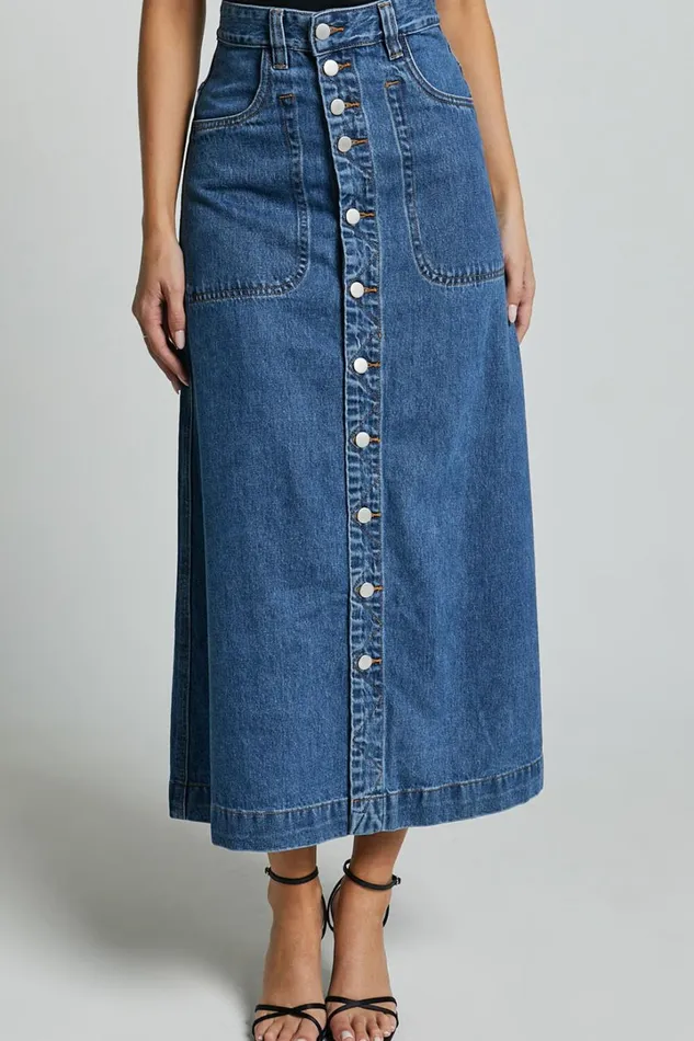 Alisa Midi Skirt 8211 Button Through A Line Denim Skirt In Dark Blue Wash Women Showpo Denim