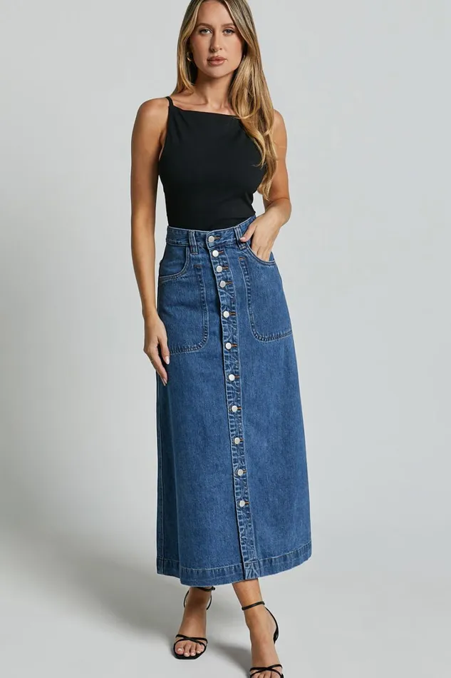 Alisa Midi Skirt 8211 Button Through A Line Denim Skirt In Dark Blue Wash Women Showpo Denim