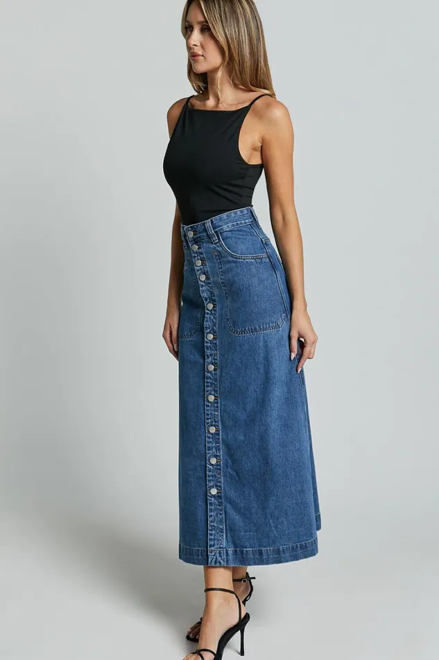 Alisa Midi Skirt 8211 Button Through A Line Denim Skirt In Dark Blue Wash Women Showpo Denim