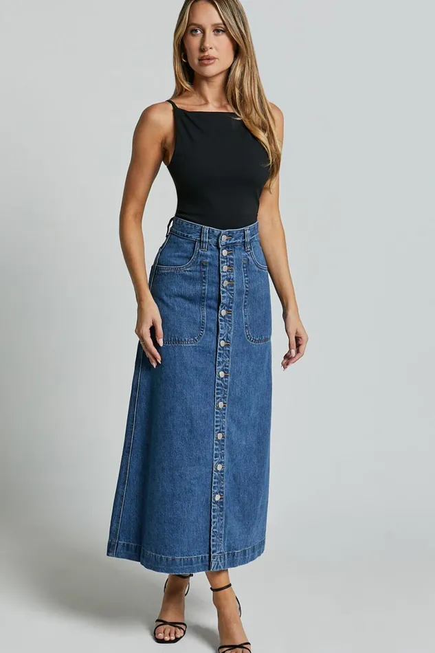 Alisa Midi Skirt 8211 Button Through A Line Denim Skirt In Dark Blue Wash Women Showpo Denim