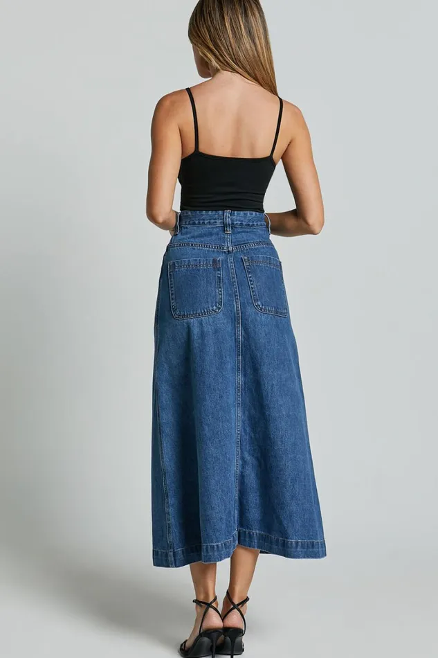 Alisa Midi Skirt 8211 Button Through A Line Denim Skirt In Dark Blue Wash Women Showpo Denim