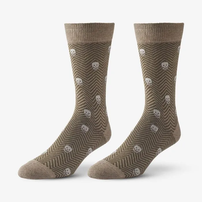 Allen Edmonds Cotton Blend Pattern Dress Sock Khaki Herringbone Skull Men Socks