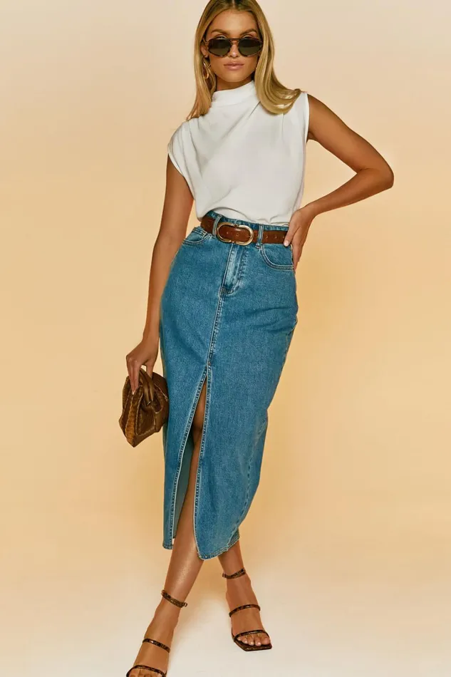 Anaya Midi Skirt 8211 Denim Skirt In Mid Blue Wash Women Showpo Denim