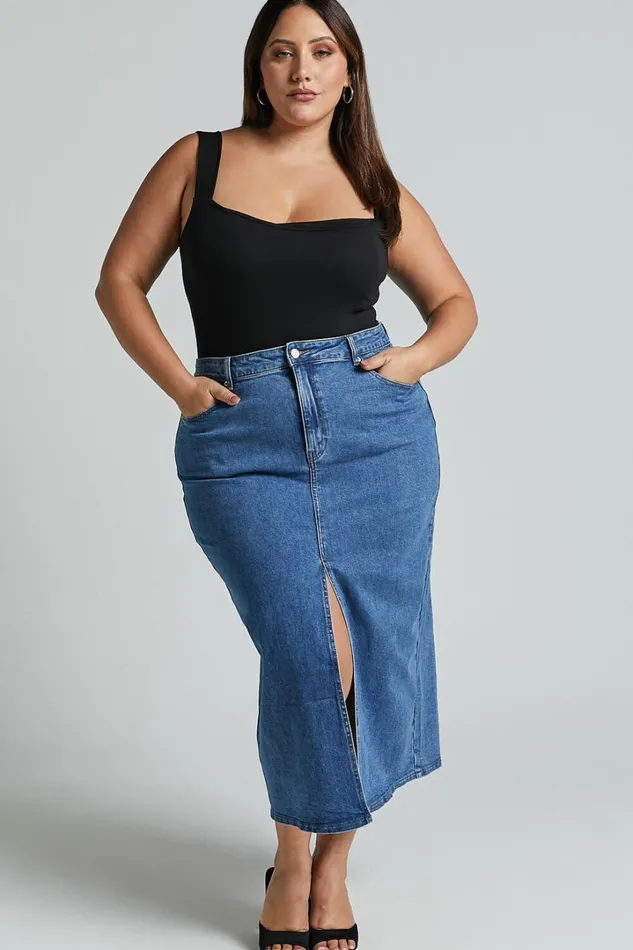Anaya Midi Skirt 8211 Denim Skirt In Mid Blue Wash Women Showpo Denim