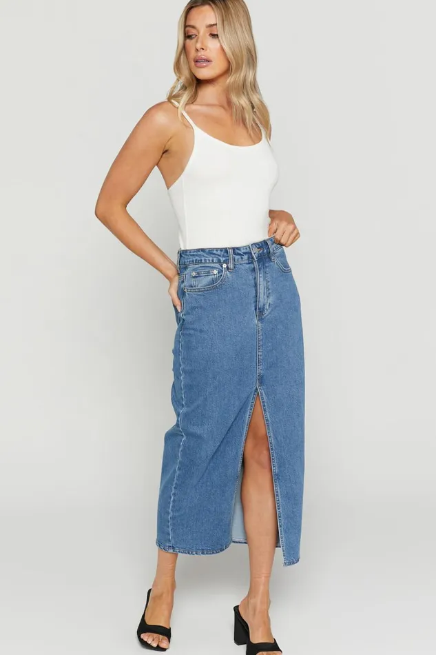 Anaya Midi Skirt 8211 Denim Skirt In Mid Blue Wash Women Showpo Denim