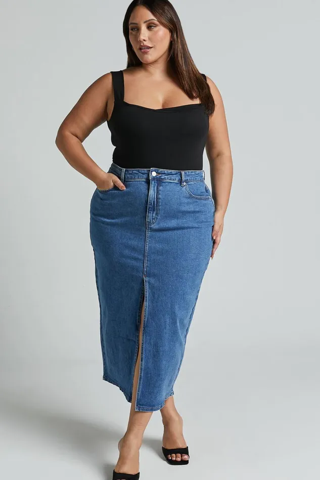 Anaya Midi Skirt 8211 Denim Skirt In Mid Blue Wash Women Showpo Denim