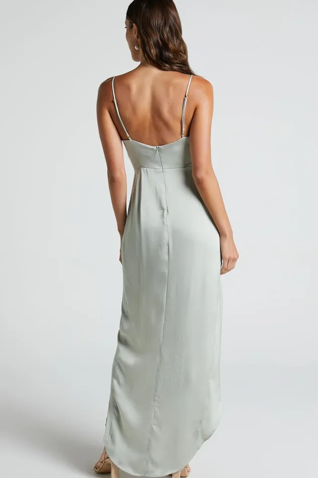 Azrael Midi Dress 8211 V Neck Satin Tulip Dress In Sage Women Showpo Dresses