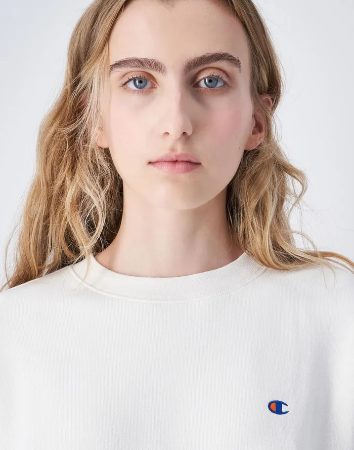 Beams Boy Reverse Weave Sweatshirt C Logo White Women Champion Hoodies and Sweatshirts