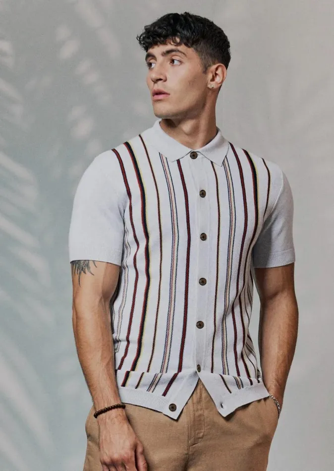 Ben Sherman Mod Knit Polos Men Striped ButtonDown Knit Polo 8211 Ivory