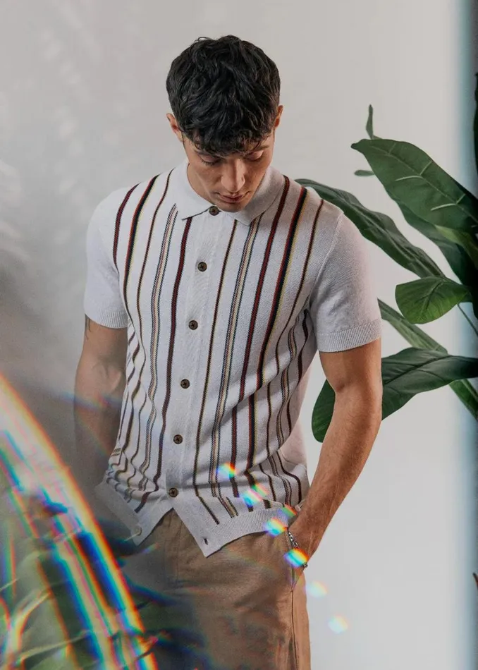 Ben Sherman Mod Knit Polos Men Striped ButtonDown Knit Polo 8211 Ivory