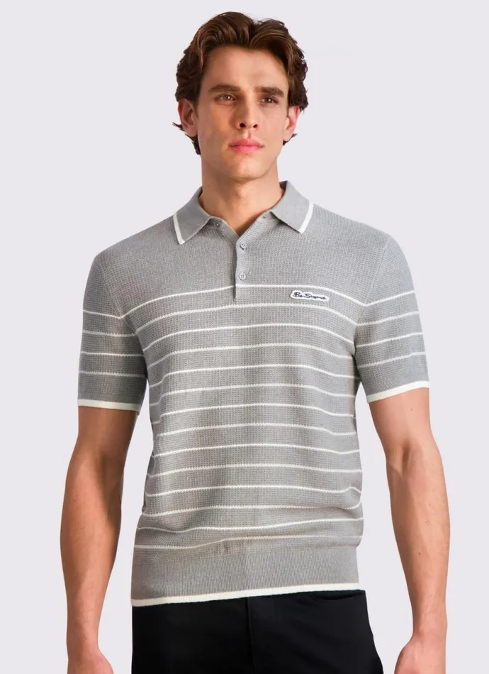 Ben Sherman Mod Knit Polos Men Waffled Knit Sweater Polo 8211 Grey Heather