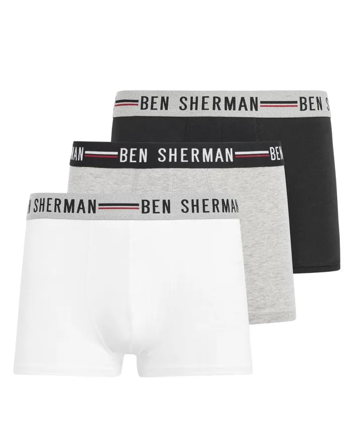 Ben Sherman Underwear Men Roman 3Pack Fitted NoFly BoxerBriefs 8211 BlackWhiteGrey