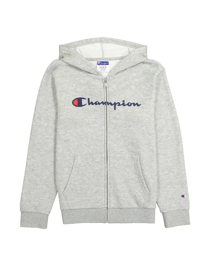 Big Kids039 Powerblend FullZip Hoodie Classic Script Logo Oxford Grey Heather Kids Champion Hoodies and Sweatshirts