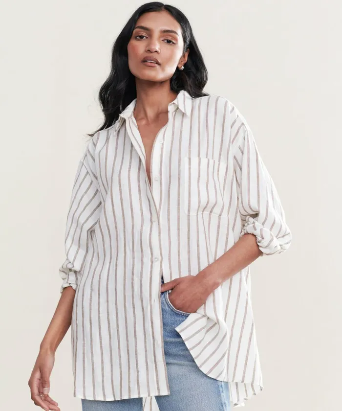 ButtonUps Women Jenni Kayne Linen Relaxed Oversized Shirt Taupe Stripe