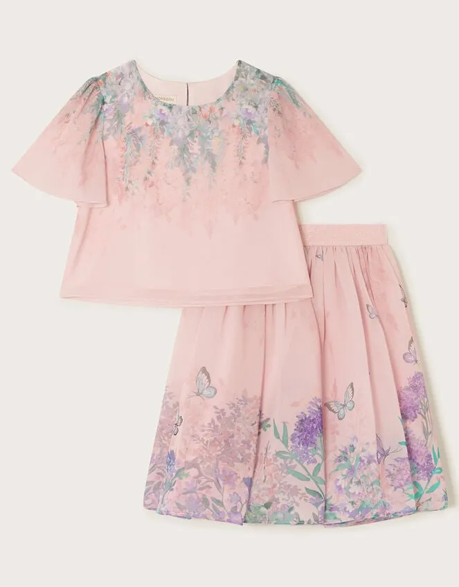 Children Alium Botanical Top And Skirt Set Pink Monsoon Partywear