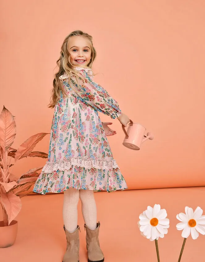 Children Floral Stripe Long Sleeve Dress Pink Monsoon Dresses
