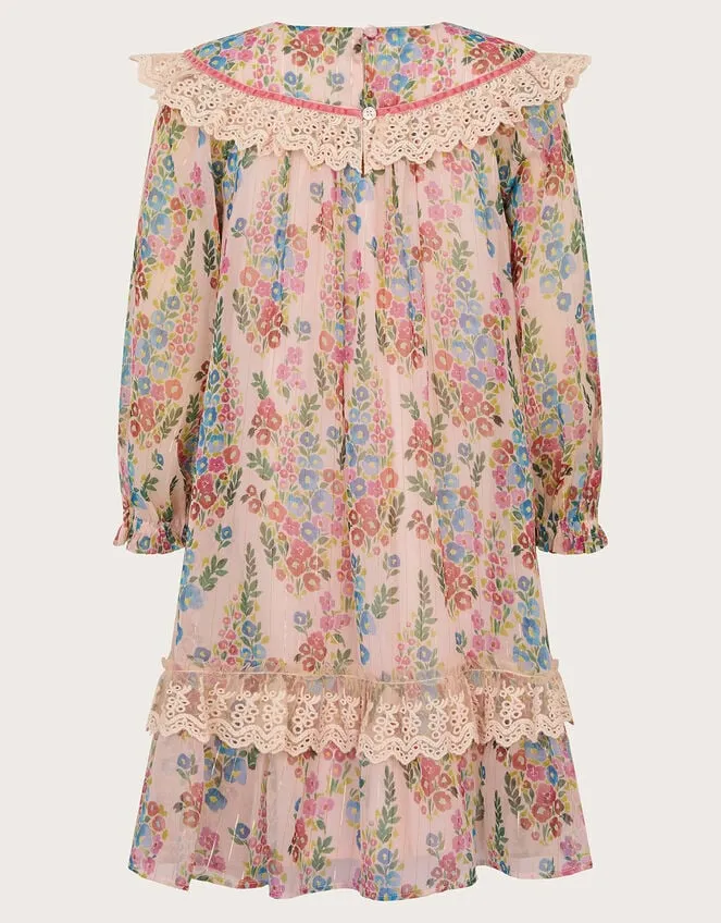 Children Floral Stripe Long Sleeve Dress Pink Monsoon Dresses