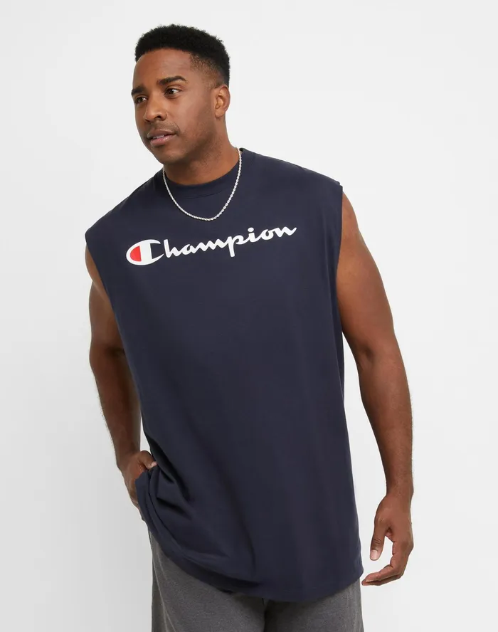 Classic Muscle Tank Script Logo Big and Tall Navy Men Champion TShirts and Tops
