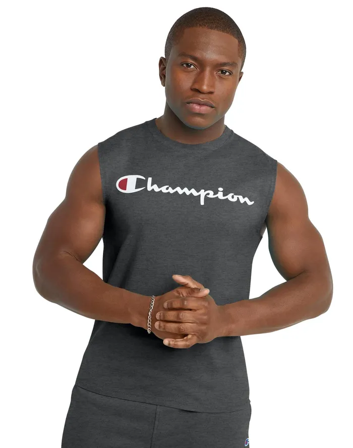Classic Muscle Tank Script Logo Granite Heather Men Champion TShirts and Tops