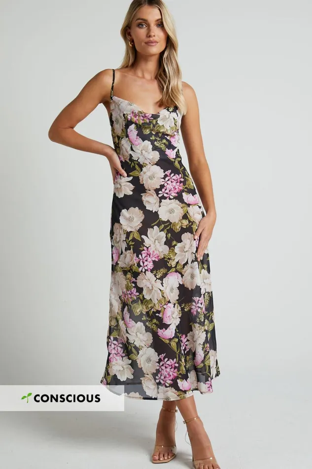 Dylan Midi Dress 8211 Cowl Neck Dress In Midnight Floral Women Showpo Dresses
