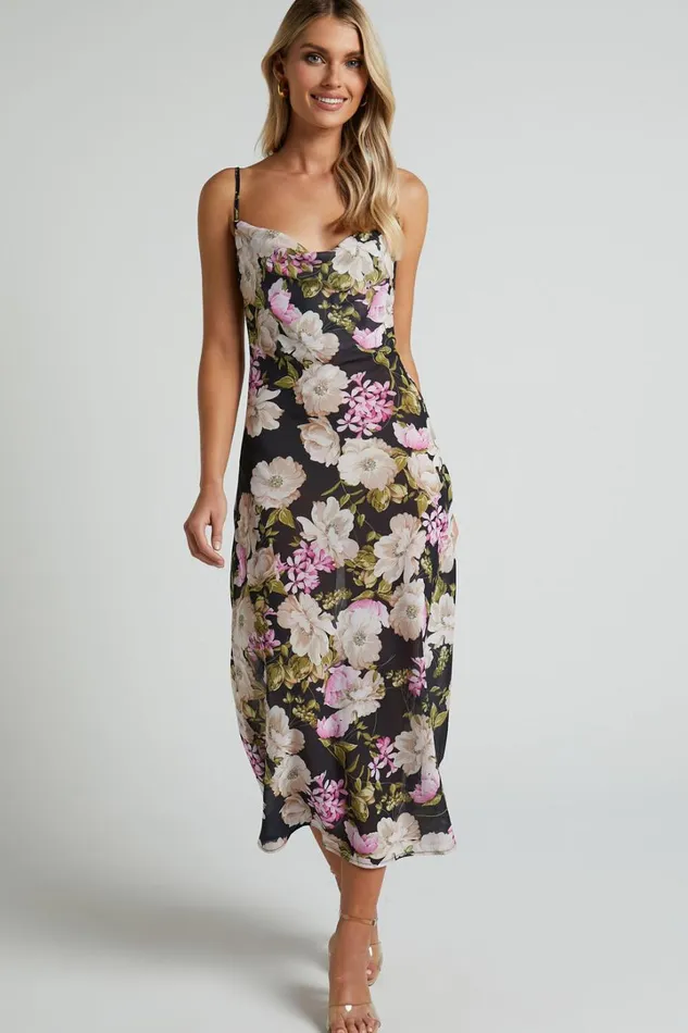 Dylan Midi Dress 8211 Cowl Neck Dress In Midnight Floral Women Showpo Dresses