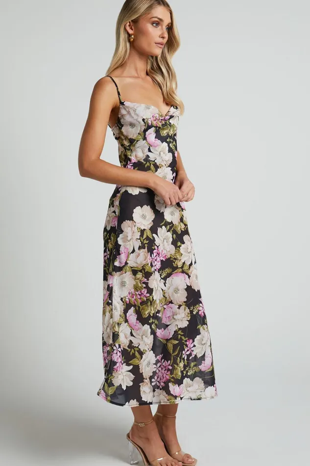 Dylan Midi Dress 8211 Cowl Neck Dress In Midnight Floral Women Showpo Dresses