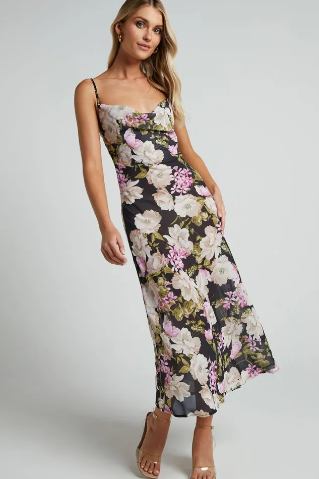 Dylan Midi Dress 8211 Cowl Neck Dress In Midnight Floral Women Showpo Dresses