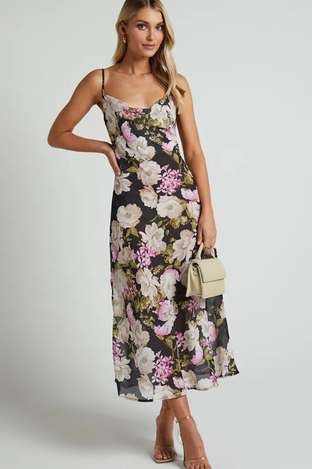 Dylan Midi Dress 8211 Cowl Neck Dress In Midnight Floral Women Showpo Dresses