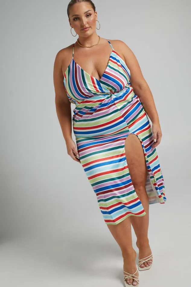 Fhel Midi Dress 8211 Strappy Twist Front Dress In Multi Stripe Satin Women Showpo Dresses