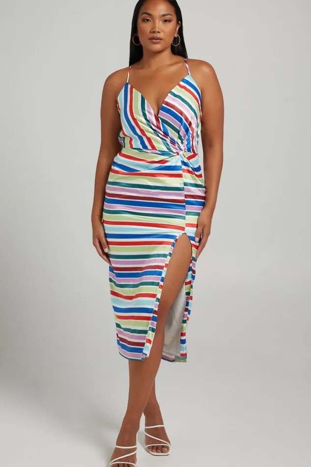 Fhel Midi Dress 8211 Strappy Twist Front Dress In Multi Stripe Satin Women Showpo Dresses