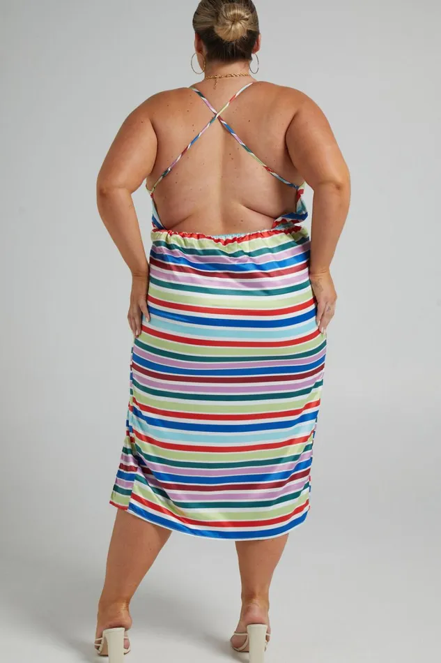 Fhel Midi Dress 8211 Strappy Twist Front Dress In Multi Stripe Satin Women Showpo Dresses