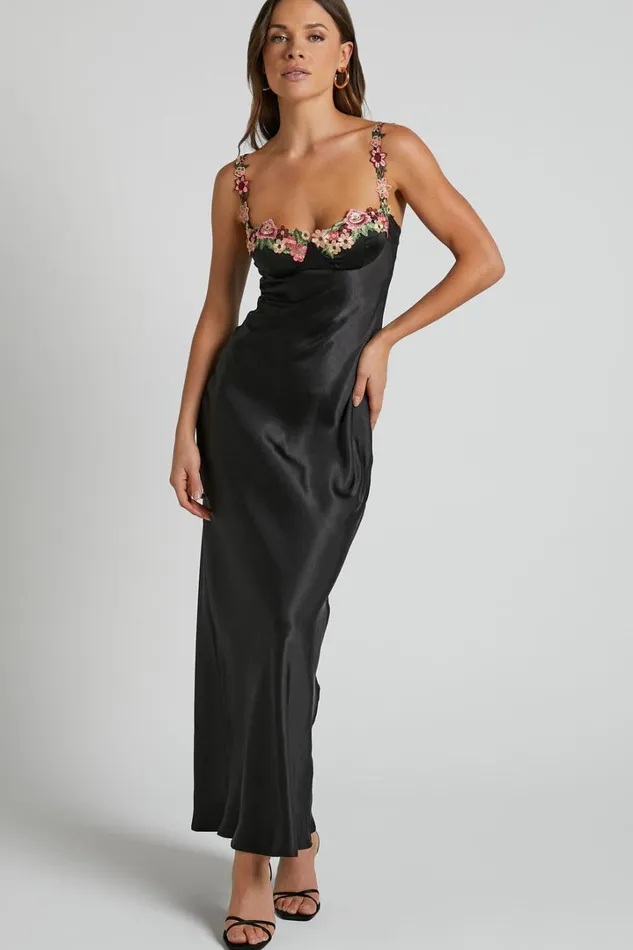 Harmony Midi Dress 8211 Floral Detail Cup Bust Satin Dress In Black Women Showpo Dresses Harmony Midi Dress 8211 Floral Detail Cup Bust Satin Dress In Black Women Showpo Dresses