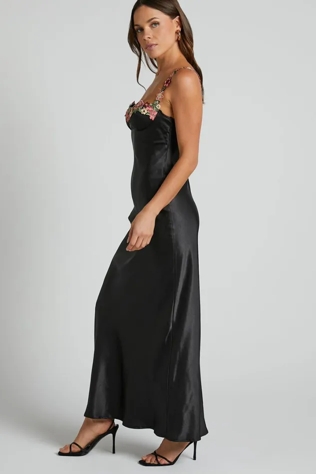 Harmony Midi Dress 8211 Floral Detail Cup Bust Satin Dress In Black Women Showpo Dresses Harmony Midi Dress 8211 Floral Detail Cup Bust Satin Dress In Black Women Showpo Dresses