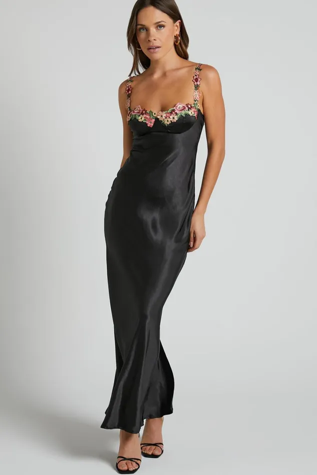 Harmony Midi Dress 8211 Floral Detail Cup Bust Satin Dress In Black Women Showpo Dresses Harmony Midi Dress 8211 Floral Detail Cup Bust Satin Dress In Black Women Showpo Dresses