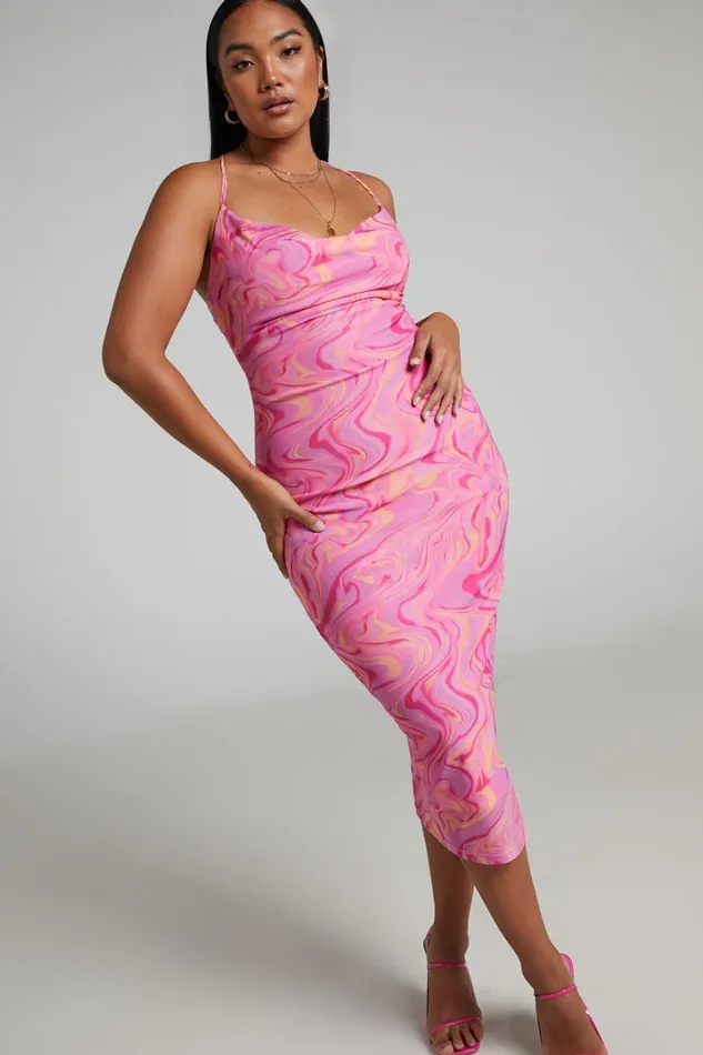 Helga Midi Dress 8211 Cowl Neck Ruched Dress In Pink Swirl Women Showpo Dresses
