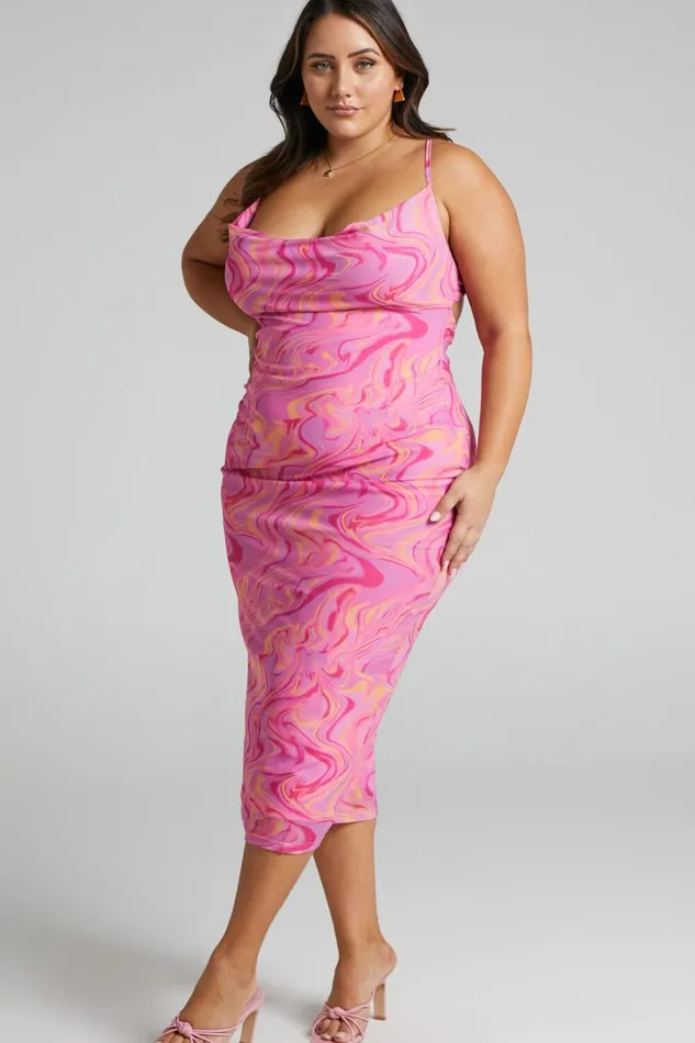 Helga Midi Dress 8211 Cowl Neck Ruched Dress In Pink Swirl Women Showpo Dresses