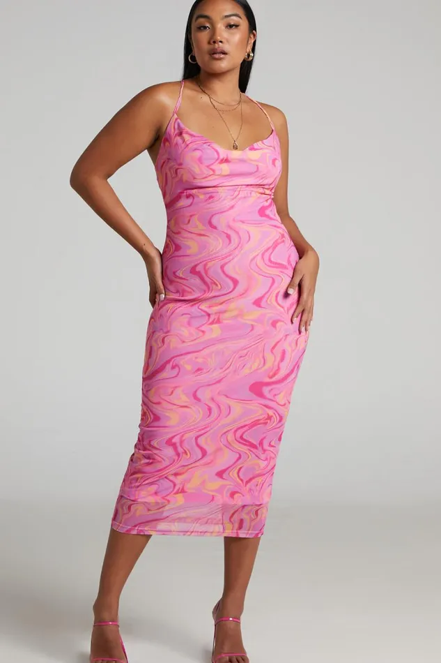Helga Midi Dress 8211 Cowl Neck Ruched Dress In Pink Swirl Women Showpo Dresses