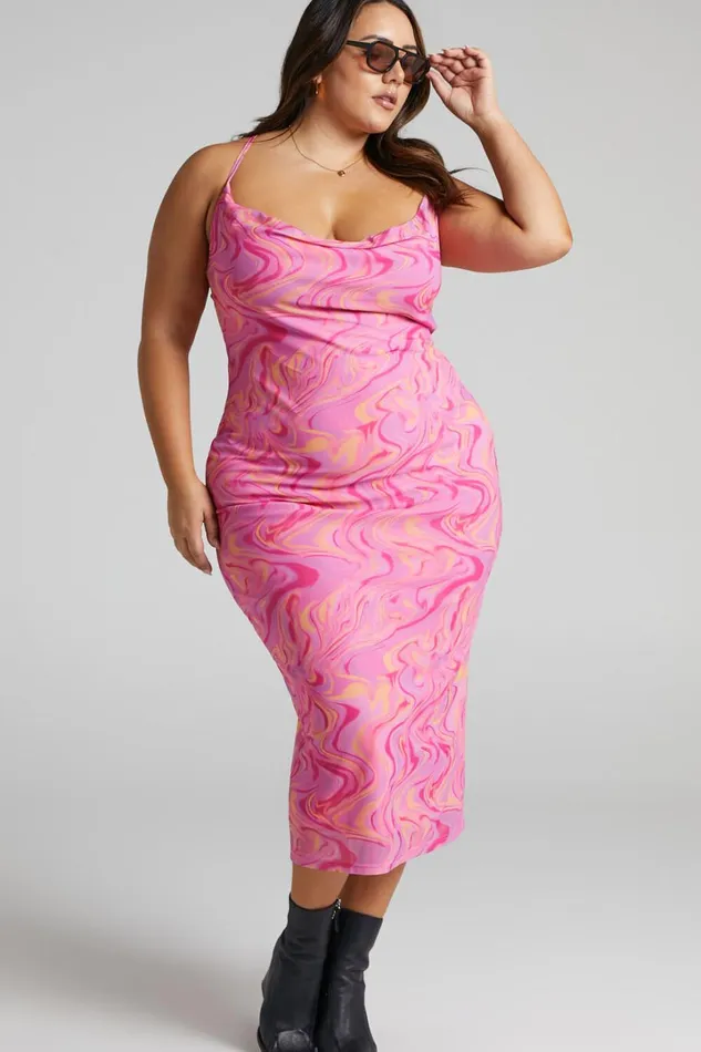 Helga Midi Dress 8211 Cowl Neck Ruched Dress In Pink Swirl Women Showpo Dresses