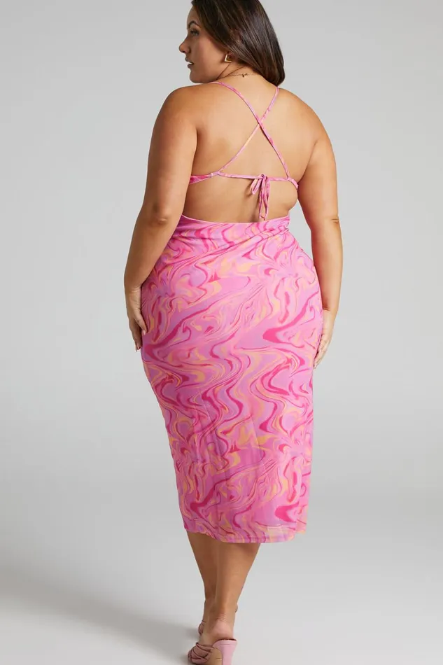 Helga Midi Dress 8211 Cowl Neck Ruched Dress In Pink Swirl Women Showpo Dresses