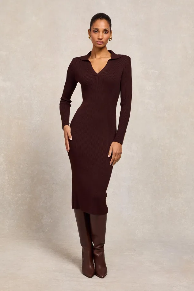Holland Cooper Dresses Women Knitted Shirt Dress Chocolate