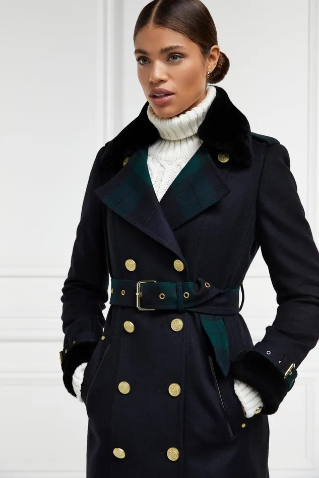 Holland Cooper Trench Coats Women Gold Label Trench Soft Navy Blackwatch