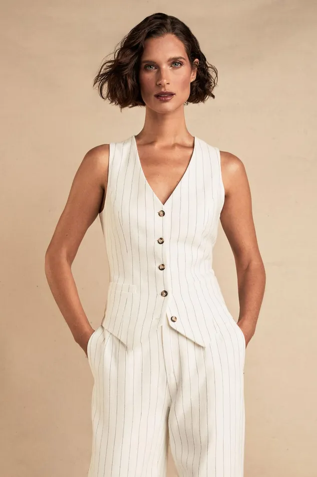 Holland Cooper Waistcoats Women Hampton Waistcoat Oyster Linen Pinstripe