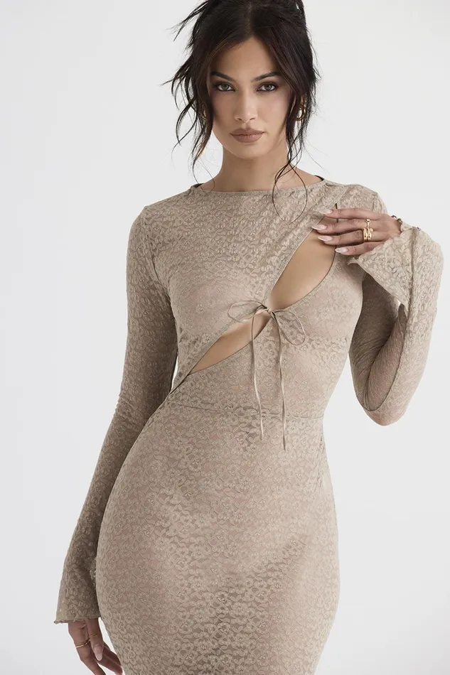 House Of CB GiovannaStone Floral Lace Maxi Dress 8211 SALE Stone Women Bodycon Dresses
