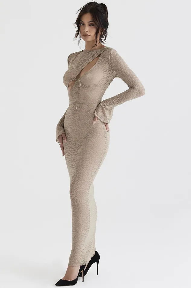 House Of CB GiovannaStone Floral Lace Maxi Dress 8211 SALE Stone Women Bodycon Dresses