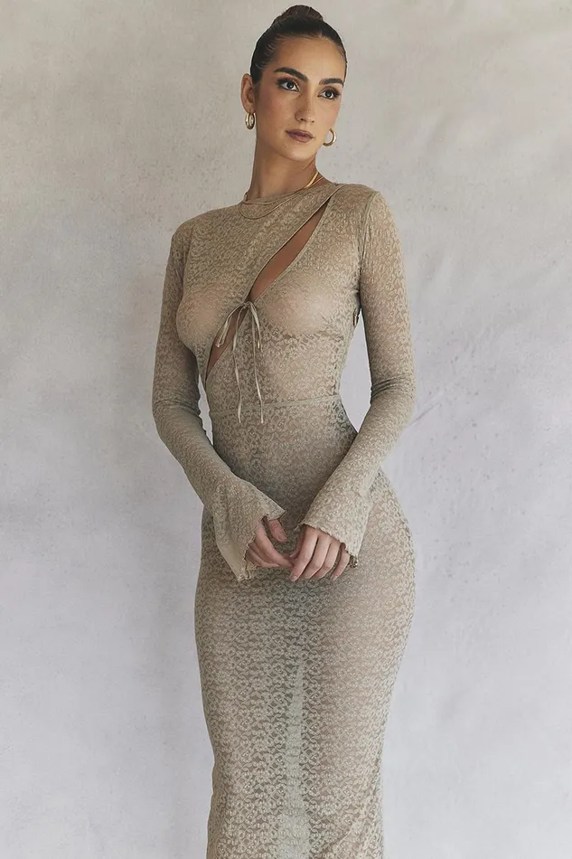 House Of CB GiovannaStone Floral Lace Maxi Dress 8211 SALE Stone Women Bodycon Dresses