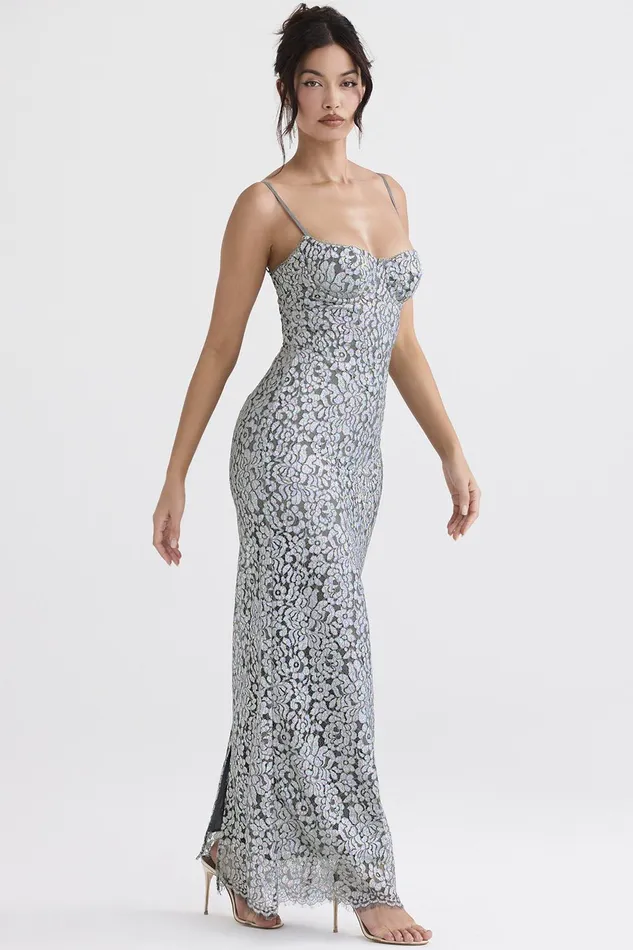 House Of CB KatjaSilver Metallic Lace Corset Dress 8211 SALE Silver Women Bodycon Dresses