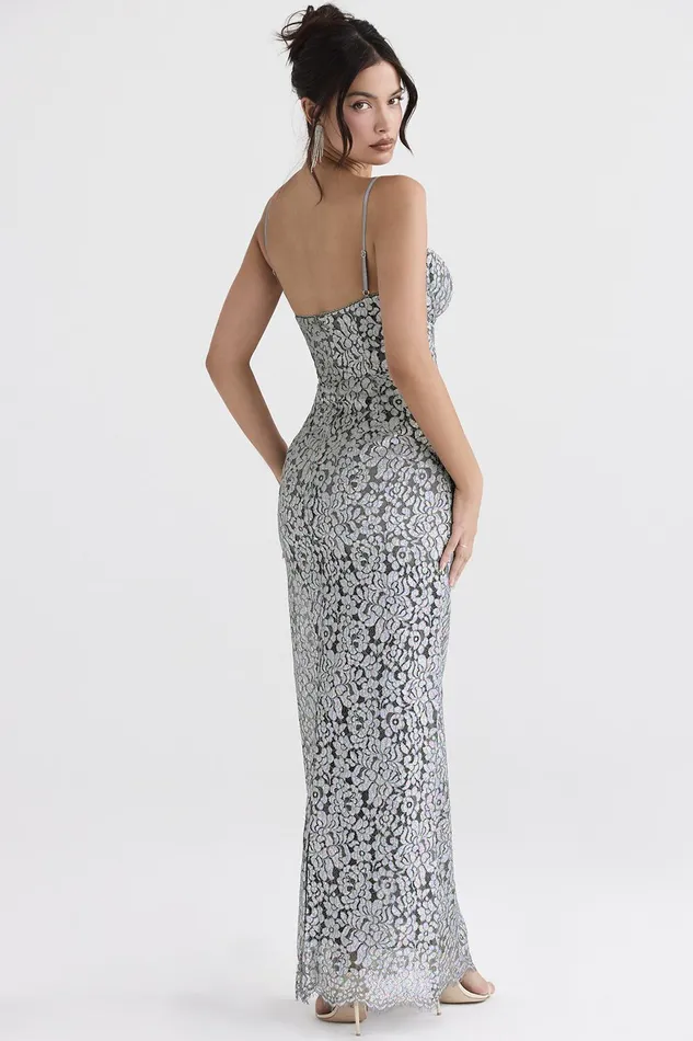 House Of CB KatjaSilver Metallic Lace Corset Dress 8211 SALE Silver Women Bodycon Dresses