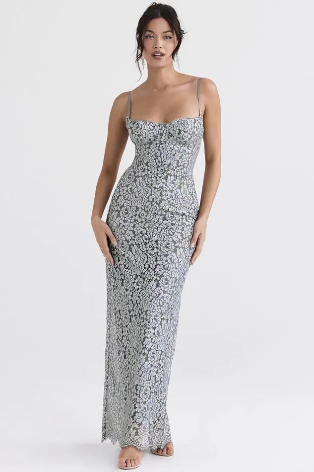 House Of CB KatjaSilver Metallic Lace Corset Dress 8211 SALE Silver Women Bodycon Dresses