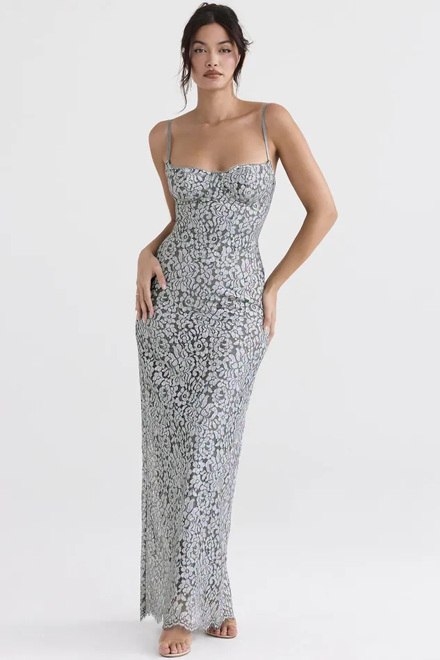 House Of CB KatjaSilver Metallic Lace Corset Dress 8211 SALE Silver Women Bodycon Dresses